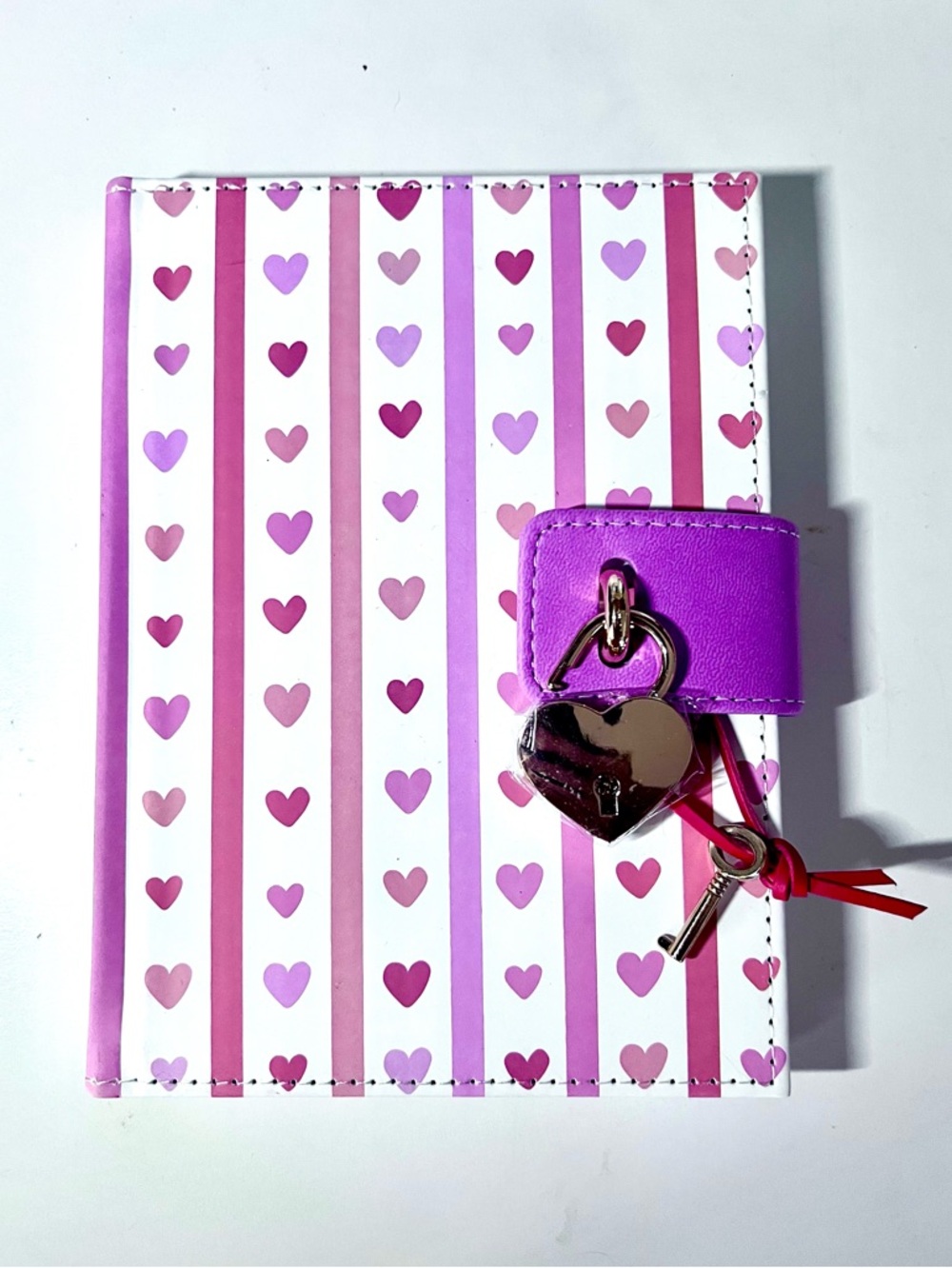 Notebook Journal Diary with Heart Lock & Key Pink Hearts & Stripes on White.